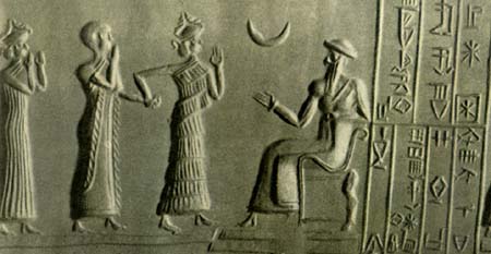 Жрец и женщины. Первая половина III тыс. до н.э. Рельеф с шумерской печати