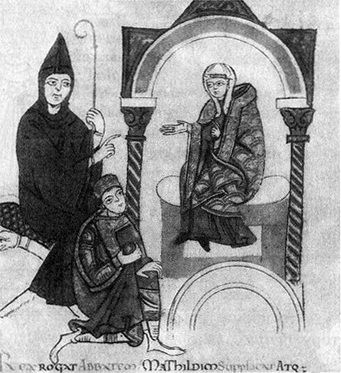 Генрих IV умоляет аббата Клюни и маркграфиню Матильду о заступничестве перед папой. Миниатюра (XII в.)