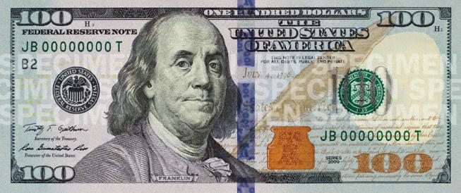 Долар США є резервною валютою й міжнародною торговою (100 доларів США зразка 2011 року).
