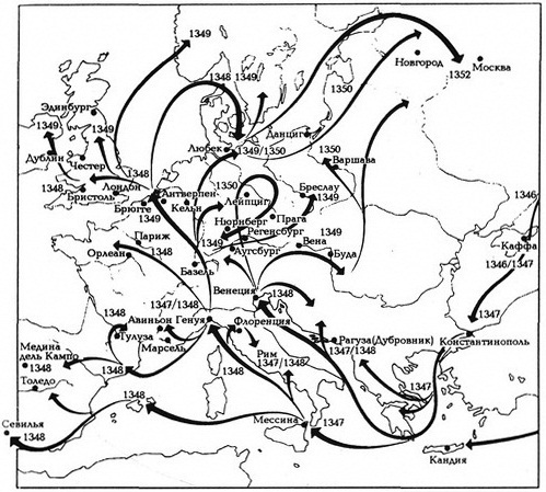 Распространение эпидемии чумы по Европе в середине XIV в.
