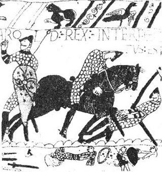 Смерть Гарольда в битве при Гастингсе. Вышивка на ковре из французского города Байё (XI в.)