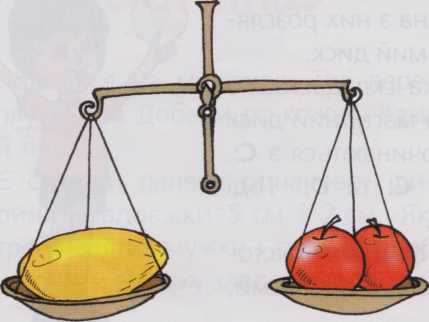 Маса дині дорівнює масі двох яблук або масі одного яблука і двох слив.