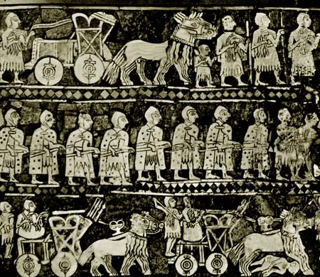 Сцены военной жизни на штандарте из Ура. III тыс. до н.э. Хранится в Британском музее, Лондон, Великобритания