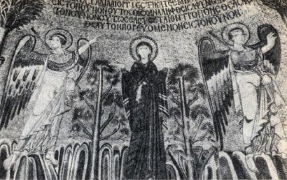 Богоматерь с двумя ангелами. Мозаика (IX в.)